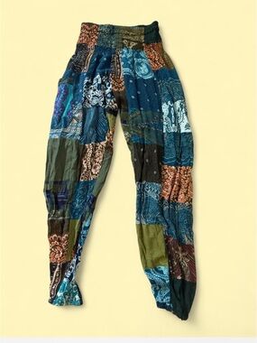 Patchwork Ankle Women's Cropped Harem Pants in Blue & Green